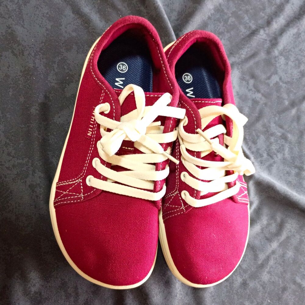 WHITIN Women Canvas Minimalist Sneaker Lace-Up Red Beige Size 6 Wide Toe box